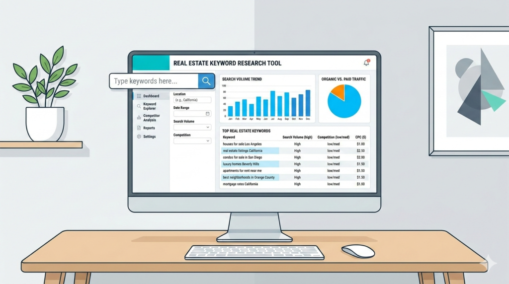 Pantalla con herramientas de keyword research y lista de palabras clave para inmobiliarias.