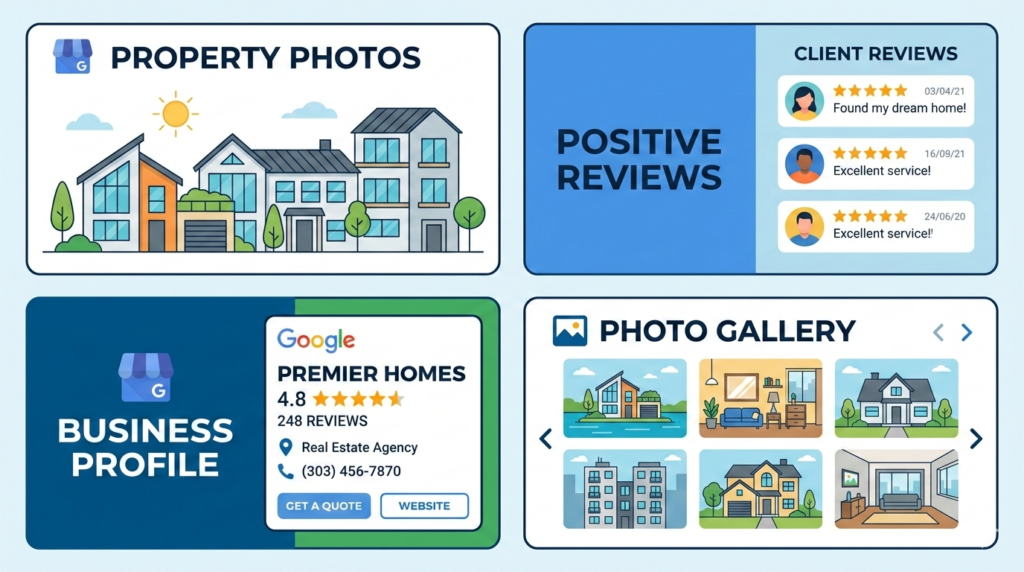 Pantalla de perfil de Google Business con reseñas y fotos de inmuebles