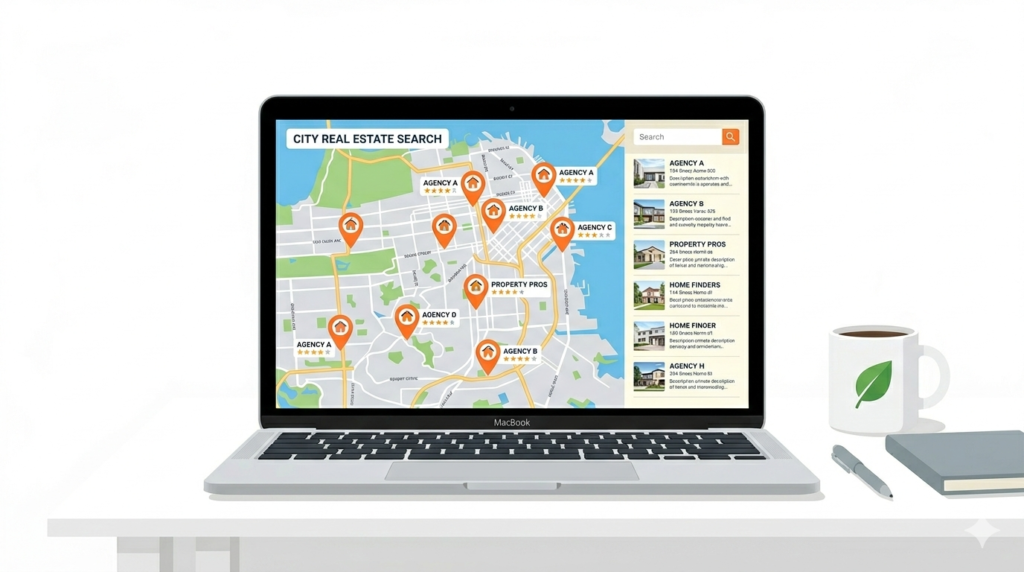 laptop mostrando un mapa de resultados de búsqueda con varias inmobiliarias locales destacadas.